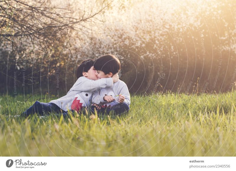 brothers sitting in the field Lifestyle Joy Playing Garden Human being Masculine Child Baby Toddler Boy (child) Brothers and sisters Family & Relations