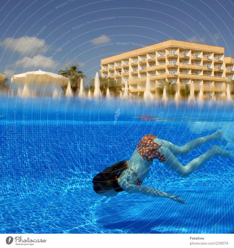 Deeper! Human being Child Girl Infancy Skin Arm Hand Legs Feet Hot Bright Wet Blue Swimming pool Dive Hotel House (Residential Structure) Building