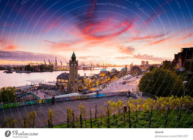 Hanseatic city evening panorama Hamburg Town Port City Skyline Manmade structures Building Architecture Tourist Attraction Vacation & Travel harbour river urban