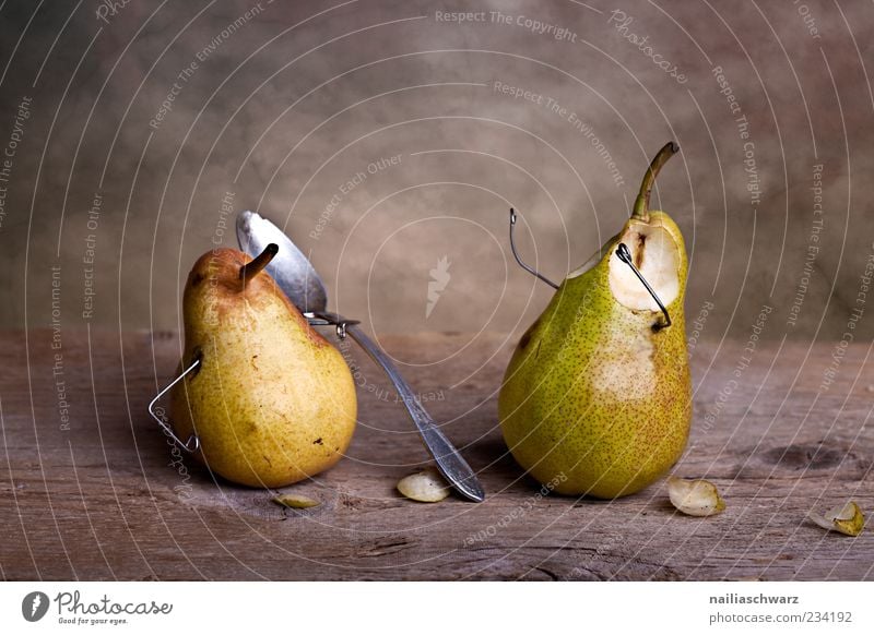 spooned up Food Fruit Pear Pear stalk Cutlery Spoon Exceptional Broken Small Sweet Brown Yellow Green Silver Pain Fear Revenge Bizarre Still Life Spoon up