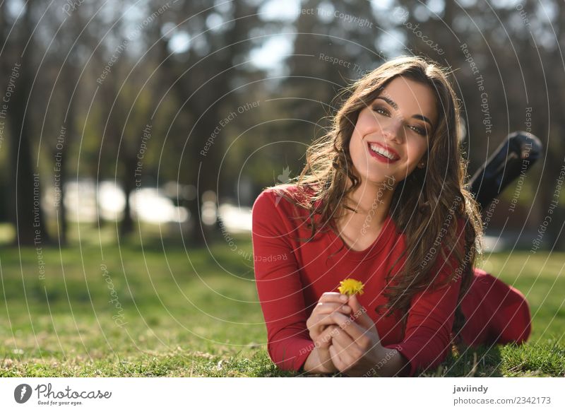 young woman rest in the park smiling with a dandelion Lifestyle Beautiful Hair and hairstyles Human being Feminine Young woman Youth (Young adults) Woman Adults