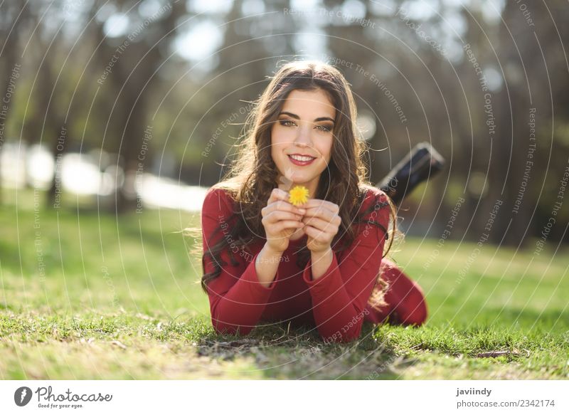 young woman rest in the park smiling with a dandelion Lifestyle Happy Beautiful Hair and hairstyles Relaxation Summer Human being Feminine Young woman