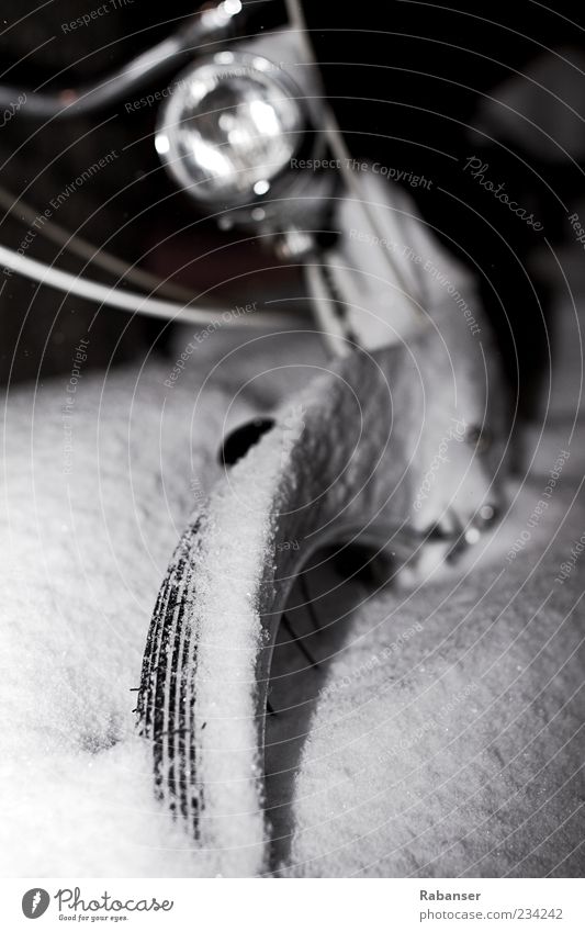 snowed in Means of transport Bicycle Flash photo Tire Blur Black & white photo Exterior shot Night Shadow Shallow depth of field Snow Bicycle light Deserted