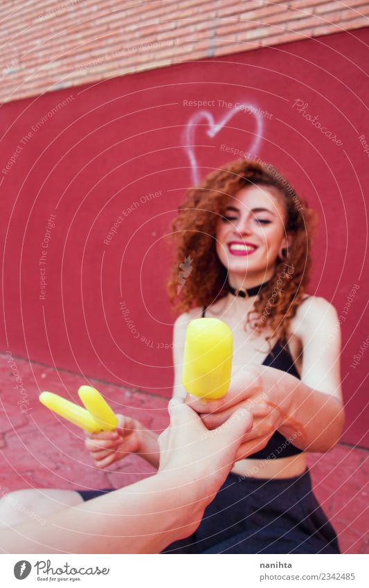 Young redhead woman sharing a lemon ice cream Food Ice cream Eating Lifestyle Style Joy Wellness Well-being Summer Summer vacation Party Event Human being