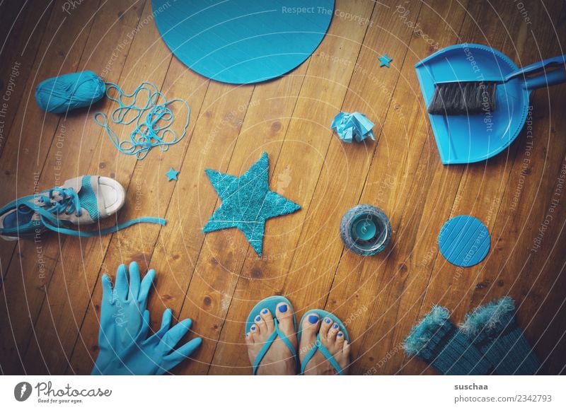 in cyan raptures Blue Turquoise Cyan Things stuff Accumulation Colour Floor covering Wooden floor feet Flip-flops broom Gloves Star (Symbol) Wool Footwear