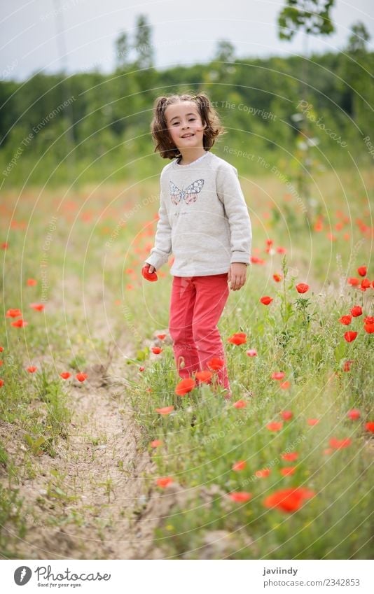 Little girl with four years old having fun in a poppy field Joy Happy Beautiful Life Playing Child Human being Girl Woman Adults Infancy 1 3 - 8 years Nature
