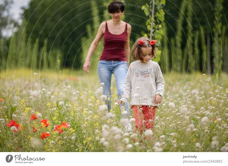 Happy mother with her little daughter in poppy field Lifestyle Child Human being Feminine Baby Girl Woman Adults Parents Mother Family & Relations Infancy