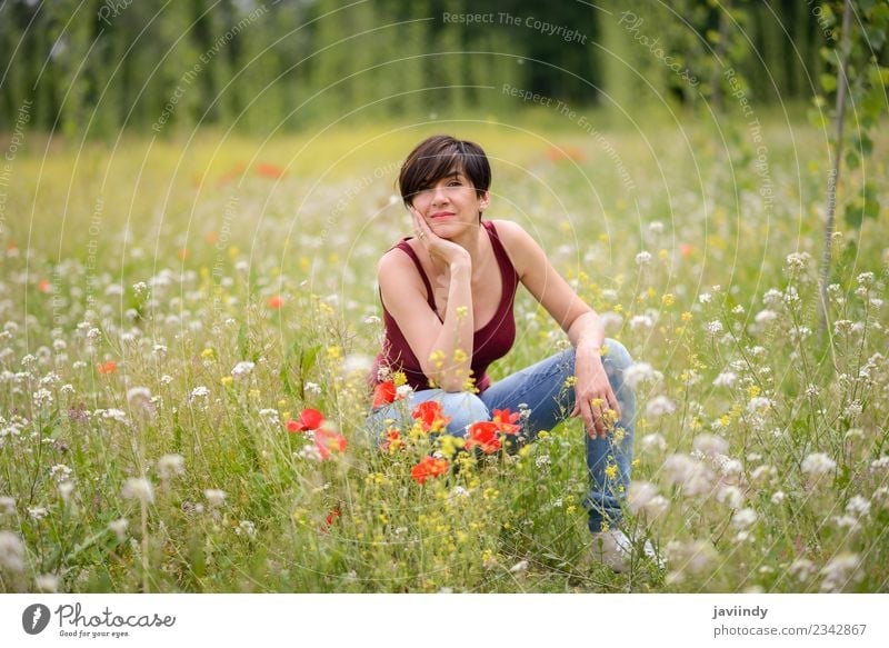 Happy woman with short haircut in poppies field. Lifestyle Joy Beautiful Playing Child Young woman Youth (Young adults) Woman Adults 1 Human being 30 - 45 years