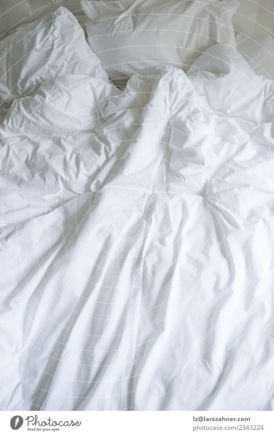 Unmade bed with plain white bed linen Flat (apartment) Bedroom Cloth Sleep Soft White Safety (feeling of) Comfortable unmade To make dirty Hotel