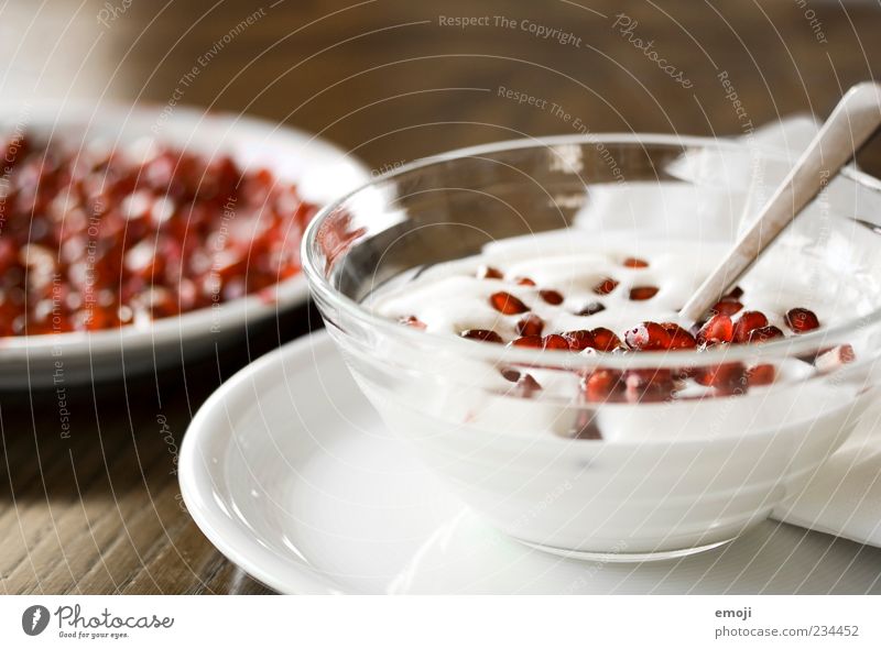 fruity Yoghurt Dairy Products Fruit Plate Bowl Spoon Fresh Healthy Delicious Red White Pomegranate Dessert Snack Nutrition Dish Food photograph Diet Appetite