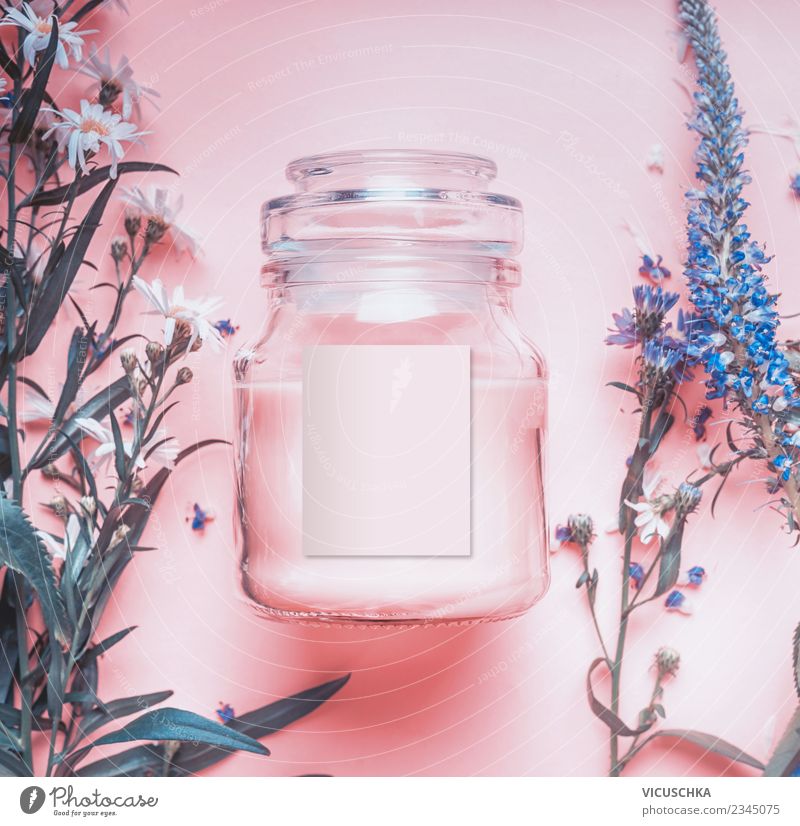 Natural cosmetics glass with pastel pink cream Shopping Style Design Beautiful Cosmetics Cream Healthy Spa Pink Background picture Herbs and spices Nature Glass