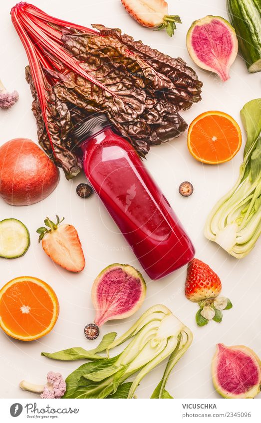 Red smoothie bottle with ingredients Food Vegetable Fruit Nutrition Beverage Cold drink Lemonade Juice Bottle Style Design Healthy Healthy Eating Health care