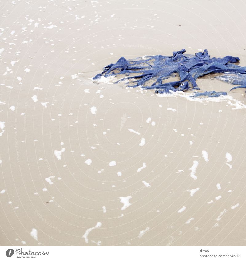 Spiekeroog | Hand Wash Beach Ocean Environment Sand Water Old Lie Authentic Dirty Fluid Broken Wet Slimy Blue Rag Textiles Dried up Air bubble Foam Bubble