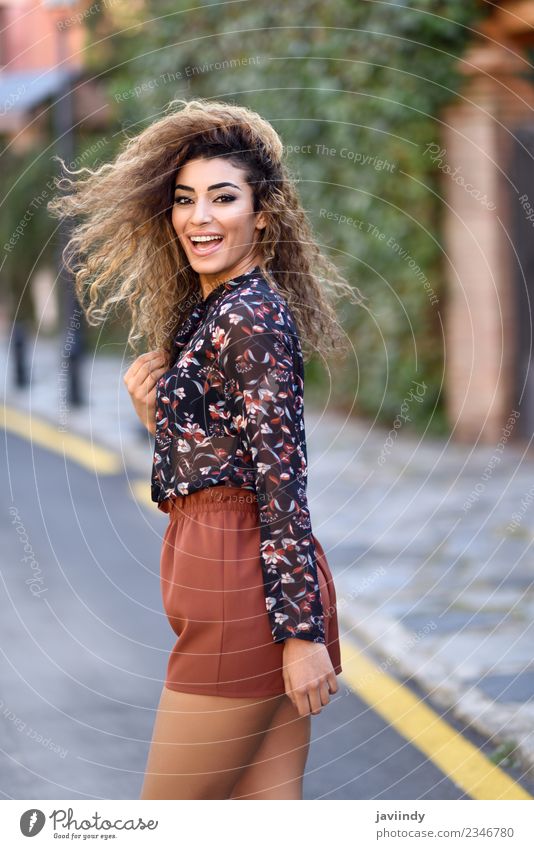 Happy young arabic woman with black curly hairstyle Lifestyle Style Joy Beautiful Hair and hairstyles Human being Feminine Young woman Youth (Young adults)