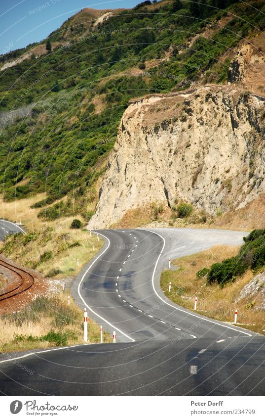 highway Landscape Cloudless sky Summer Drought Bushes Mountain Deserted Street Railroad tracks Far-off places Free Happiness Infinity Beautiful Blue Brown