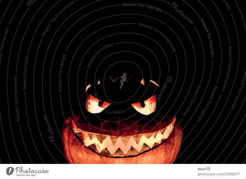 Scary carved Halloween pumpkin laughs ironically Hallowe'en Head Eyes Mouth Art Nature Autumn Glittering Smiling Laughter Illuminate Aggression Old Threat Dark