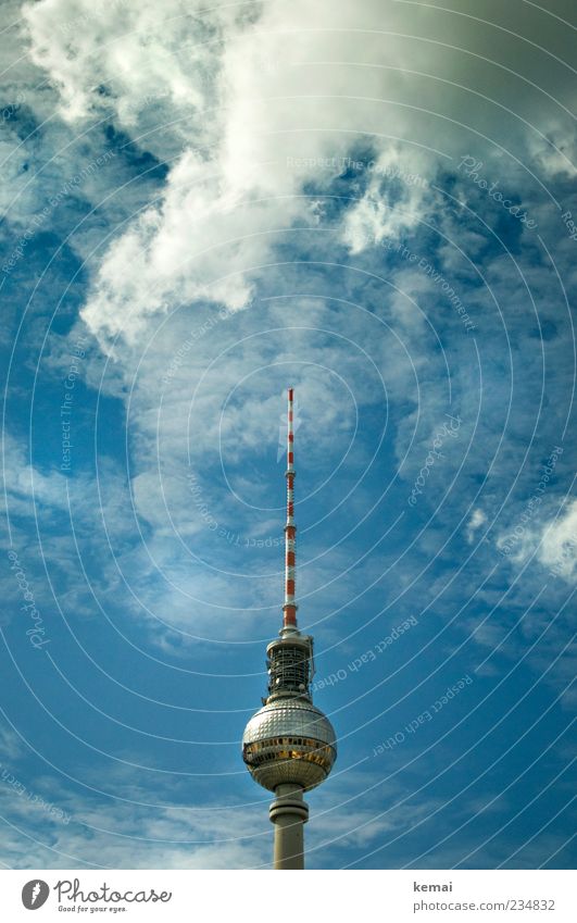 The prettiest Antenna Sky Clouds Beautiful weather Tourist Attraction Landmark Berlin TV Tower Famousness Gigantic Tall Blue Colour photo Subdued colour