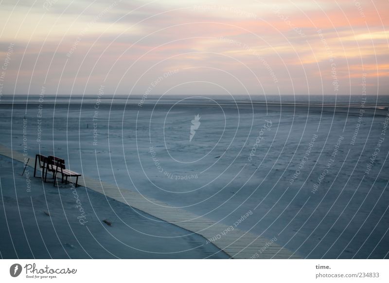 Spiekeroog Blue Hour with Seats Calm Beach Sand Sky Clouds Horizon Emotions Moody Peaceful Contentment Relaxation Eternity Serene Hope Infinity Bench Dusk