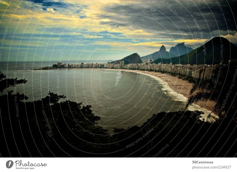 Copacabana in Rio de Janeiro Environment Landscape Sand Water Sky Clouds Storm clouds Horizon Climate change Thunder and lightning Plant Mountain Beach Bay