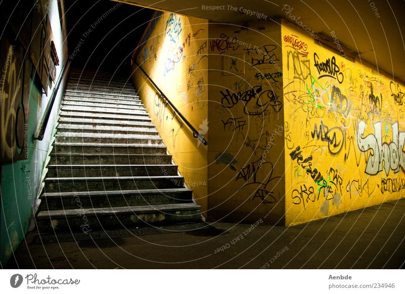 potential scene Deserted Old Authentic Dirty Creepy Cold Gloomy Yellow Loneliness Fear Underpass Stairs Graffiti Handrail Colour photo Interior shot