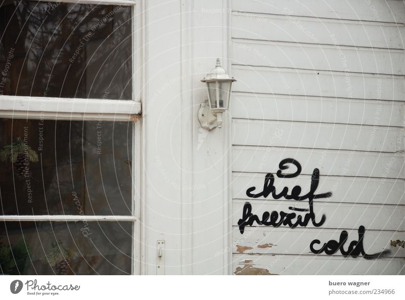 chief freezin cold House (Residential Structure) Deserted Facade Window Lantern Decoration Wood Glass Gloomy Black White Calm Longing Nostalgia Graffiti