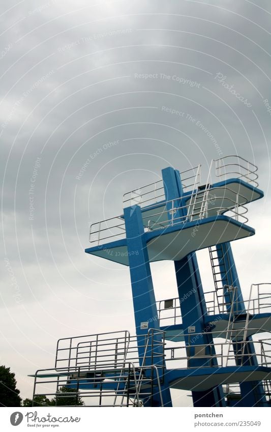 menacingly Freedom Summer Sports Sporting Complex Sky Clouds Storm clouds Emotions Joy Euphoria Brave Fear Springboard Tower Blue Stairs Height Colour photo