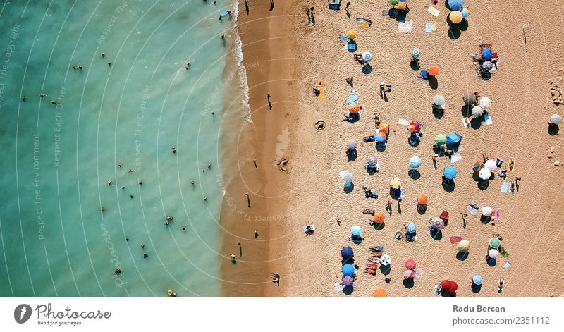 Aerial Drone View Of People On Beach In Portugal Lifestyle Exotic Wellness Swimming & Bathing Vacation & Travel Adventure Summer Summer vacation Sun Sunbathing
