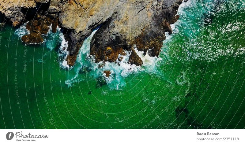 Aerial View Of Ocean Waves Crushing On Rocks Environment Nature Landscape Earth Water Summer Beautiful weather Hill Coast Beach Bay Island Exotic Maritime Above