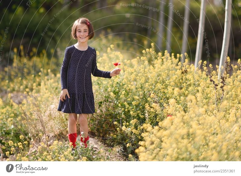 Little girl in nature field with flowers in her hand. Lifestyle Joy Happy Beautiful Playing Summer Child Human being Baby Girl Woman Adults Infancy 1