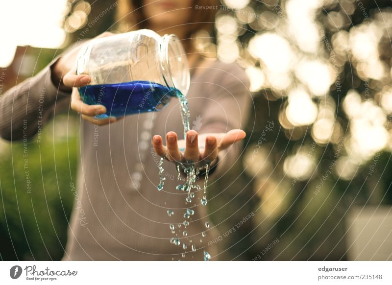 refreshingly Glass Hand Water Drops of water To hold on Blue Refreshment Colour photo Multicoloured Exterior shot Detail Copy Space right Dawn Day
