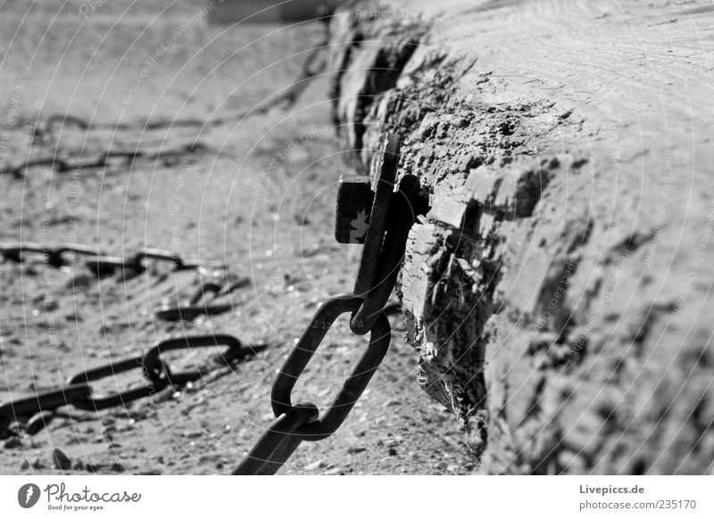 ...in chains... Sand Coast Beach Steel Old Dark Black & white photo Exterior shot Deserted Day Contrast Sunlight Chain Fastening Wood