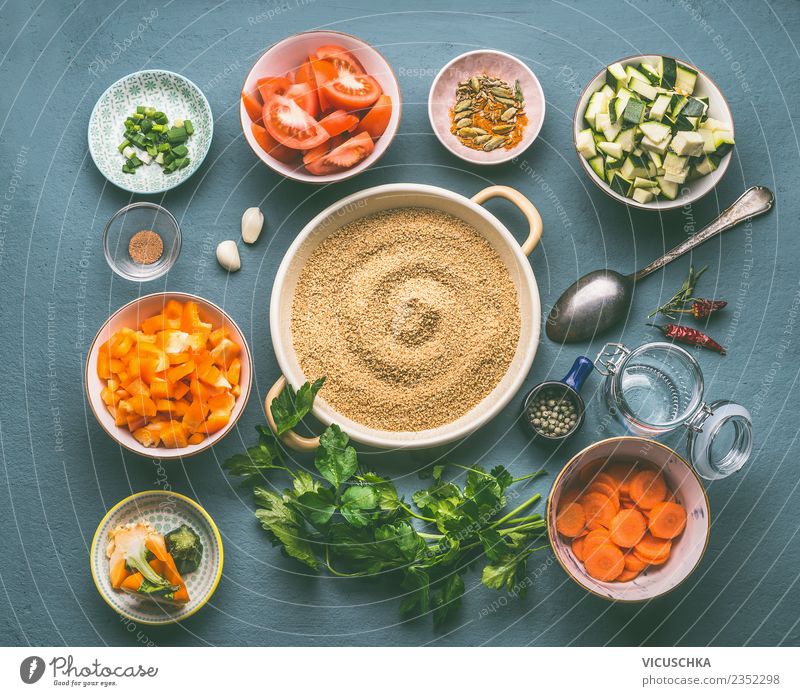 Couscous with vegetable ingredients in bowls Food Vegetable Grain Herbs and spices Nutrition Lunch Organic produce Vegetarian diet Diet Crockery Plate Bowl Pot