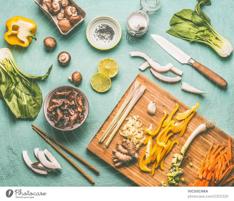 Asian cuisine, Ingredients Food Vegetable Lettuce Salad Herbs and spices Nutrition Lunch Asian Food Crockery Bowl Knives Style Design Healthy Healthy Eating