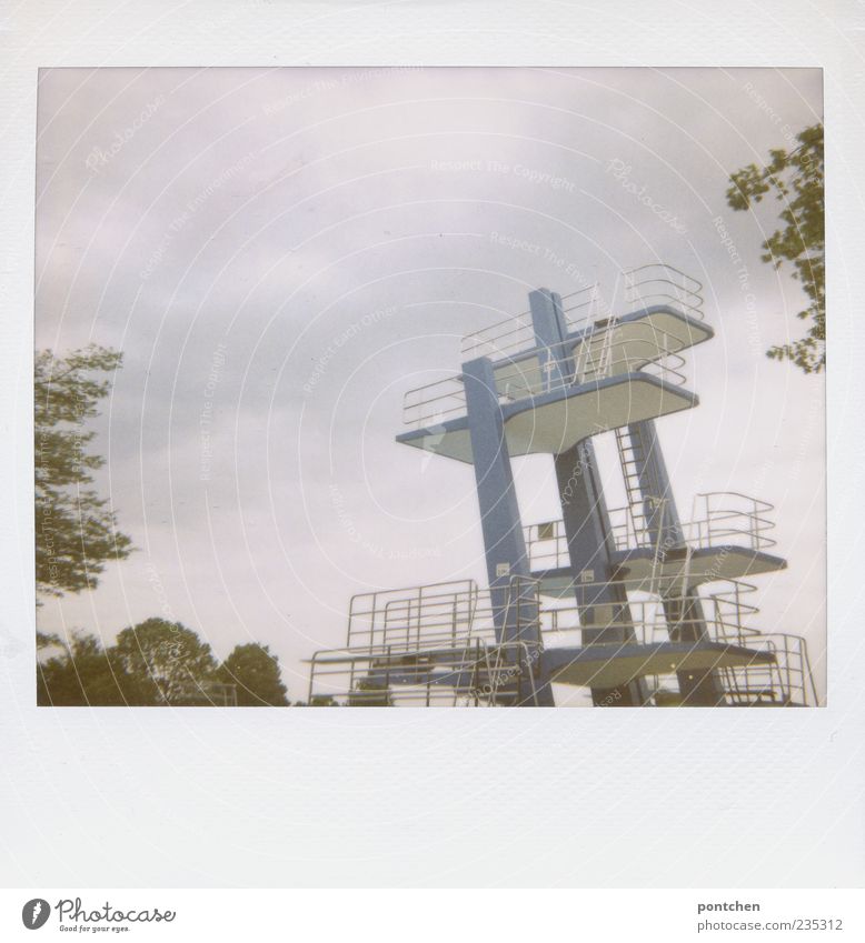 lightbox vollmachen Sporting Complex Swimming pool Springboard Sky Tree Colour photo Polaroid Copy Space bottom Day Deserted Tall Copy Space top Clouds