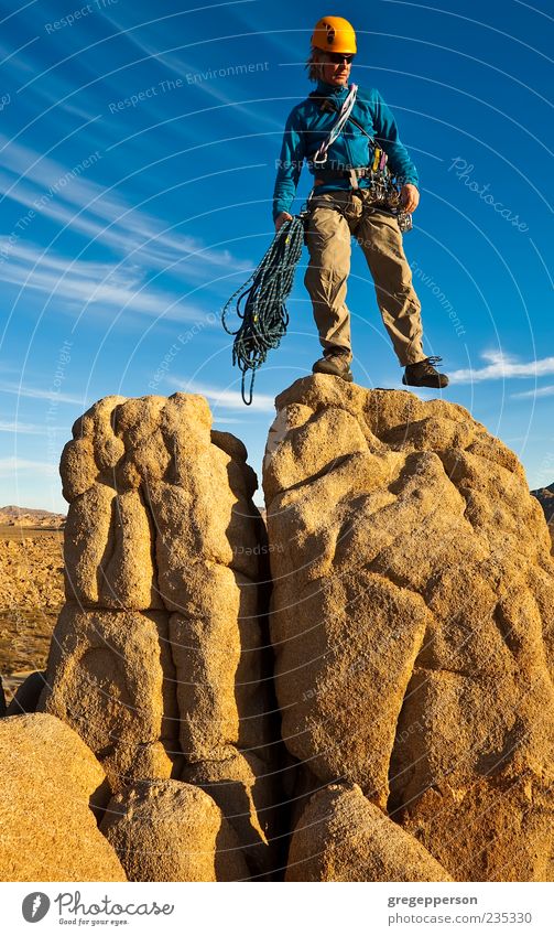 Rock climber on the summit. Adventure Mountain Hiking Climbing Mountaineering Success Man Adults 1 Human being 30 - 45 years Peak Athletic Tall Bravery