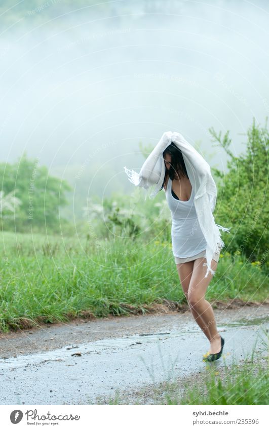 who stop the rain? Human being Feminine Young woman Youth (Young adults) Life 1 Environment Nature Landscape Water Spring Bad weather Storm Fog Rain Plant Tree