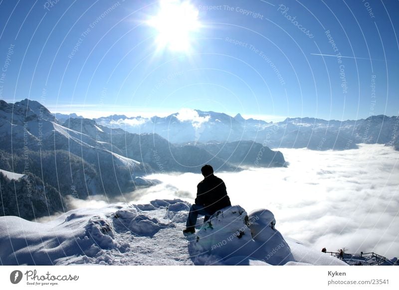 the whole point Winter White Cold Slope Fog Clouds Peak Vantage point Man Loneliness Mountain Blue Snow Sun arboretum Climbing Think
