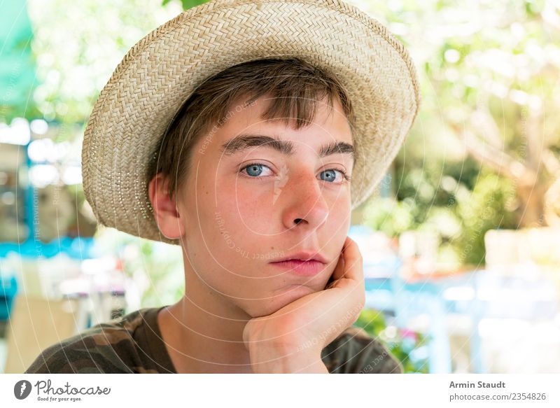 Portrait with straw hat Lifestyle Style Joy Harmonious Well-being Contentment Senses Relaxation Calm Vacation & Travel Summer Restaurant Human being Masculine