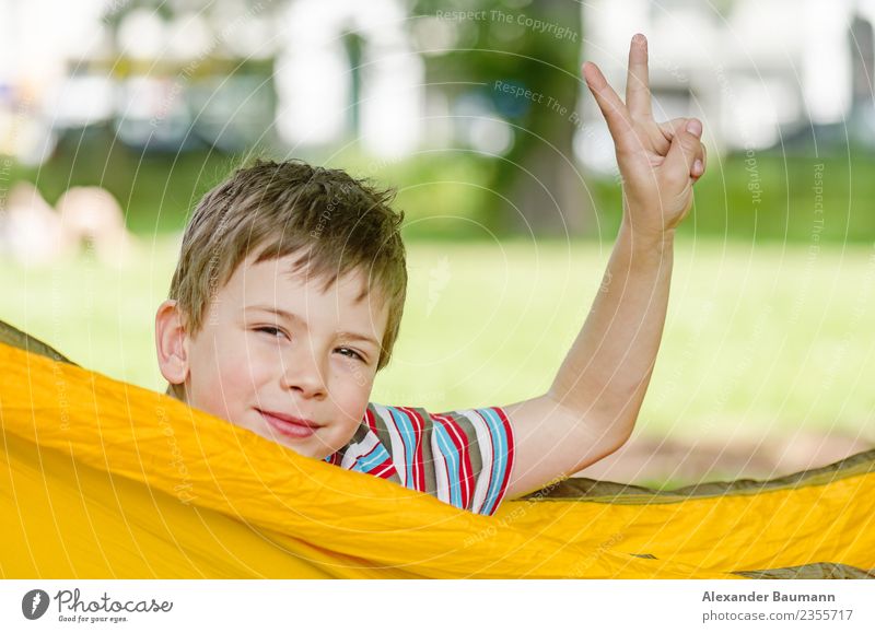young boy in a hammock, hand raised in victory sign Joy Success Child Human being Boy (child) Head Hand 1 8 - 13 years Infancy Emotions Peace white happy