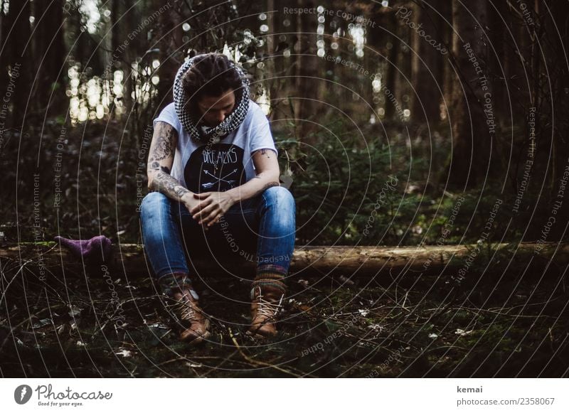 Woman with scarf on a tree trunk in the forest. Lifestyle Relaxation Calm Leisure and hobbies Adventure Freedom Human being Feminine Adults 1 30 - 45 years