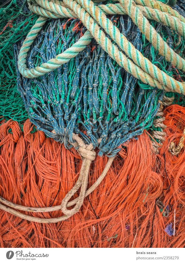 Fishing nets Work and employment Workplace Rope Navigation Fishing boat Net Blue Orange string Stack drying equipment backgrounds Conceptual design fishing