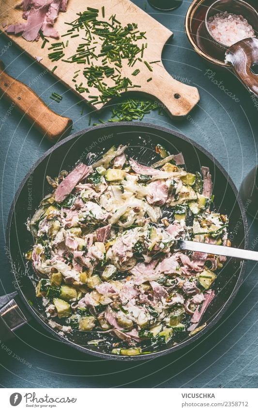 Zucchini Ham Sauce with Cream Cheese Food Meat Sausage Vegetable Soup Stew Nutrition Lunch Dinner Organic produce Crockery Pot Pan Style Design Summer Table
