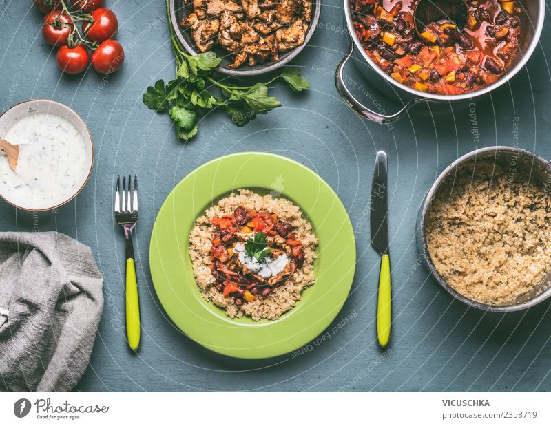 Healthy meal with quinoa and beans Food Meat Vegetable Grain Nutrition Lunch Dinner Organic produce Diet Crockery Plate Pot Cutlery Style Design Healthy Eating