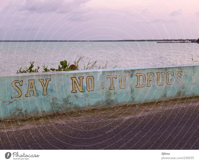 SAY NO TO DRUGS Intoxicant Alcoholic drinks Ocean Caribbean Belize Central America Signage Warning sign Graffiti Smoking Illness Protection Cannabis Heroin LSD