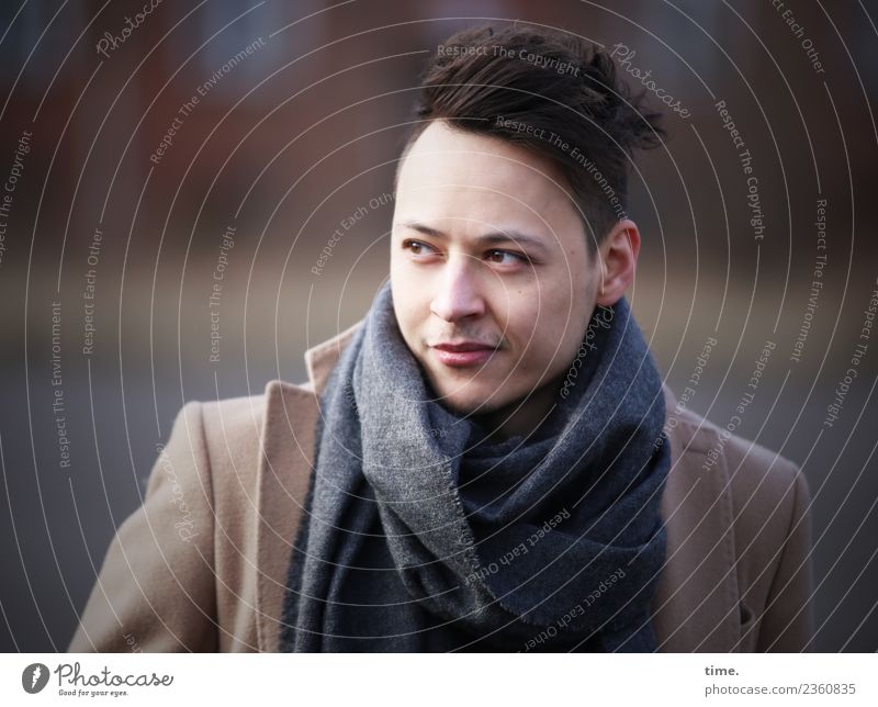 Sergei Masculine Man Adults 1 Human being Winter Beautiful weather Coat Scarf Black-haired Short-haired Observe Looking Self-confident Cool (slang) Willpower