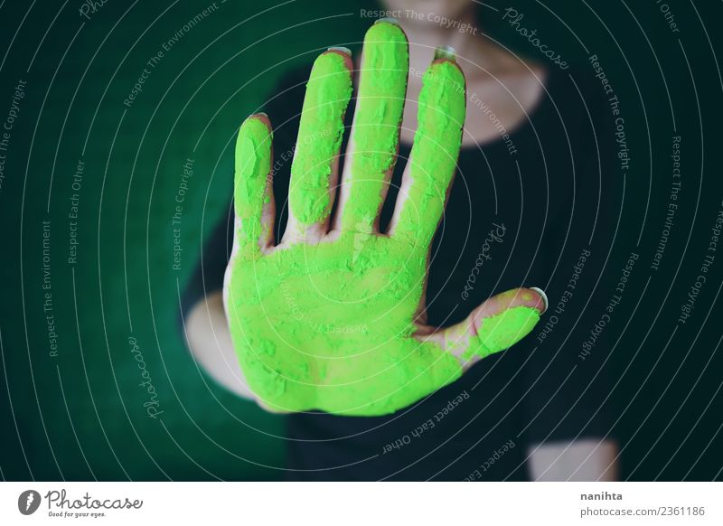 Hand dirty of green dust Design Exotic Human being Feminine Woman Adults Youth (Young adults) 1 18 - 30 years Art Artist Painter Hand posture Stop Communicate