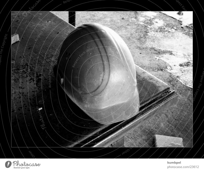 Site series photo 2 Construction site Row Helmet Construction worker Safety Table Things Black & white photo Protection Rough