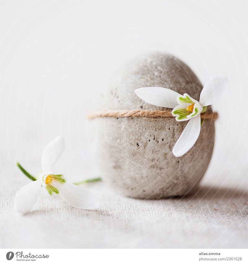 Easter egg made of concrete decorated with small snowdrops Handicraft Decoration Feasts & Celebrations Spring Flower Snowdrop Concrete Gray White Happy
