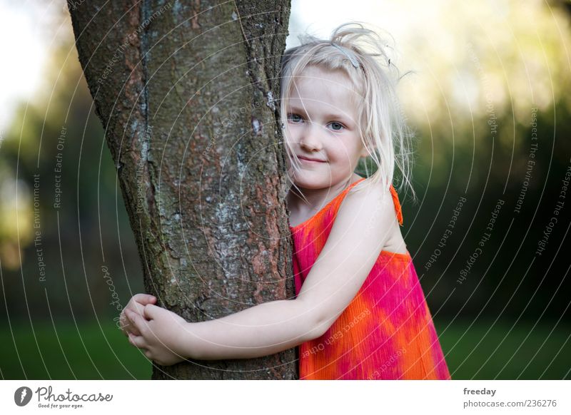 love of nature Child Girl Infancy Life Arm 1 Human being 3 - 8 years Nature Tree Embrace Beautiful Environmental protection Dress Smiling Tree trunk Blonde