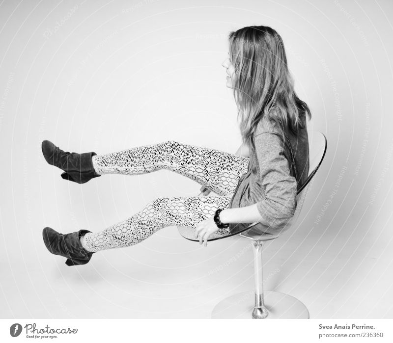 wui. Feminine Young woman Youth (Young adults) 1 Human being Fashion Leggings High heels Long-haired Chair Rotate Exceptional Thin Joy Happy Happiness